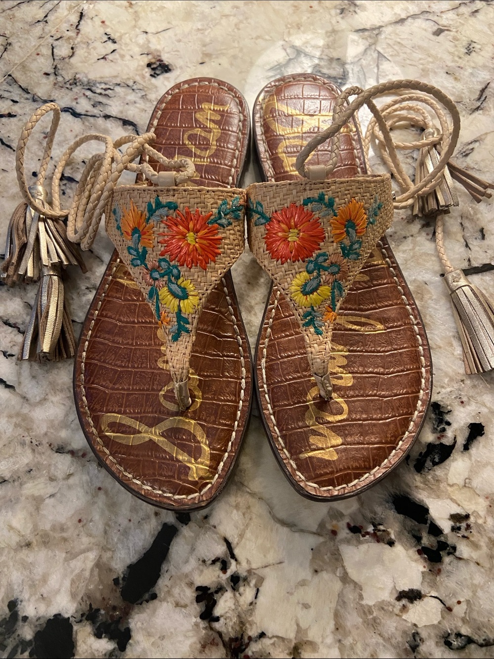 Sam Edelman Geri 3 Raffia Boho Floral Embroidered Ankle Wrap Sandals Woman’s 7.5 - Picture 1 of 7